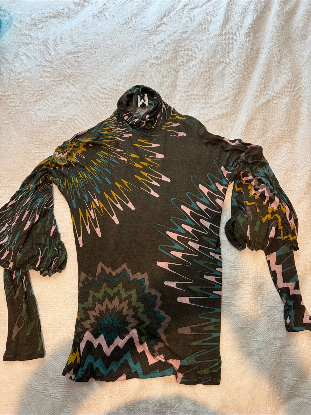 Missoni Olive Knit Turtleneck Top with Pink, Teal and Mustard Accents